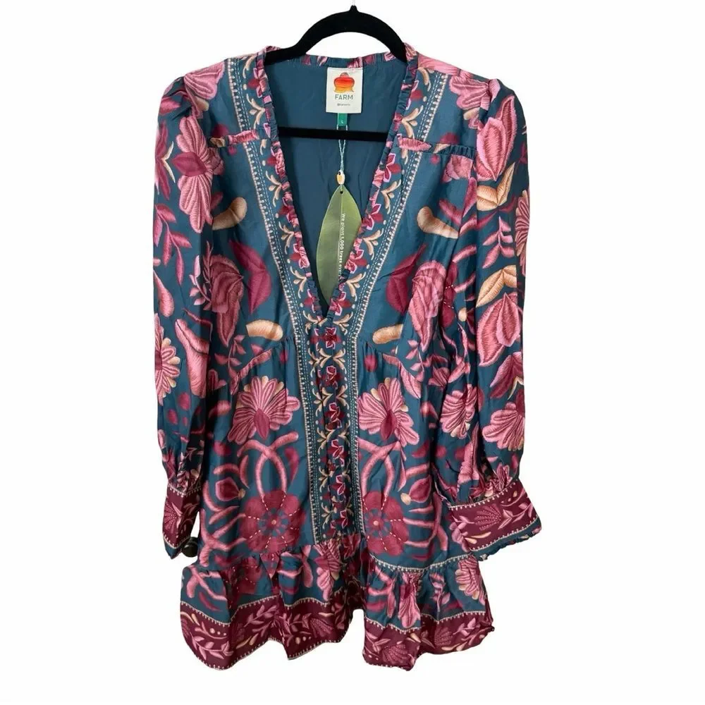 NWT FARM RIO Teal Seashell Tapestry Lenzing™ Ecovero™ Viscose Mini Dress Sz L - Picture 3 of 7